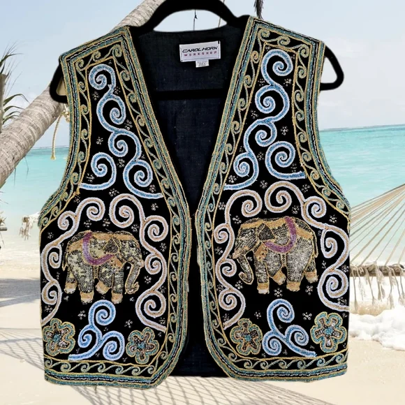 Vintage Carol Horn Workshop 🐘 Elephant 🐘 Vest Embellished Beads Sequins Ethnic - Picture 1 of 6